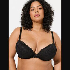 Torrid Plus Size XO Plunge Push Up Bra Black Lace Underwire Size 46DDD